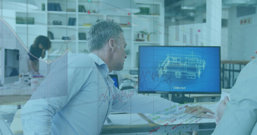 Architects Analyzing Data with Digital Overlay in Modern Office