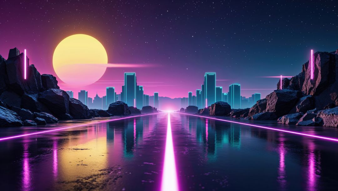 Futuristic Neon Cityscape with Reflective Highway