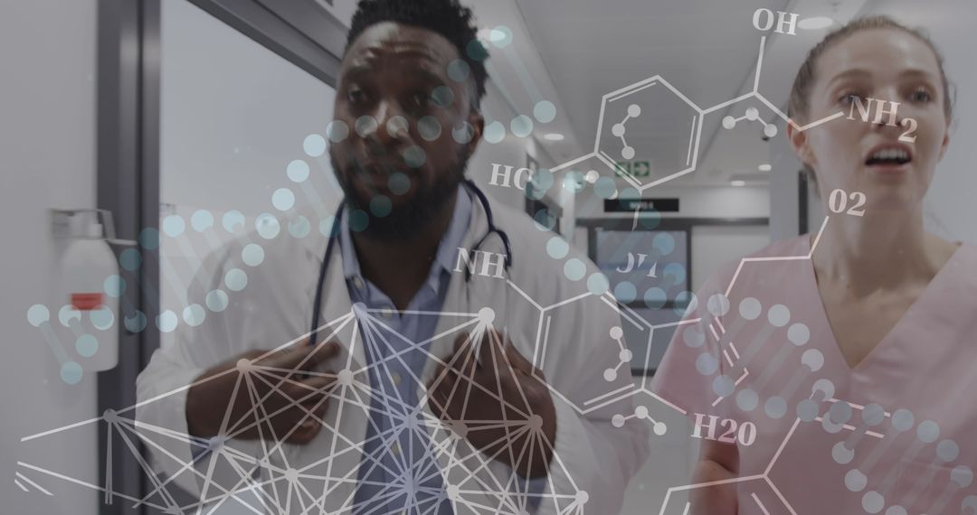 Diverse Doctors Analyzing Data with Molecular Overlay in Hospital Scene