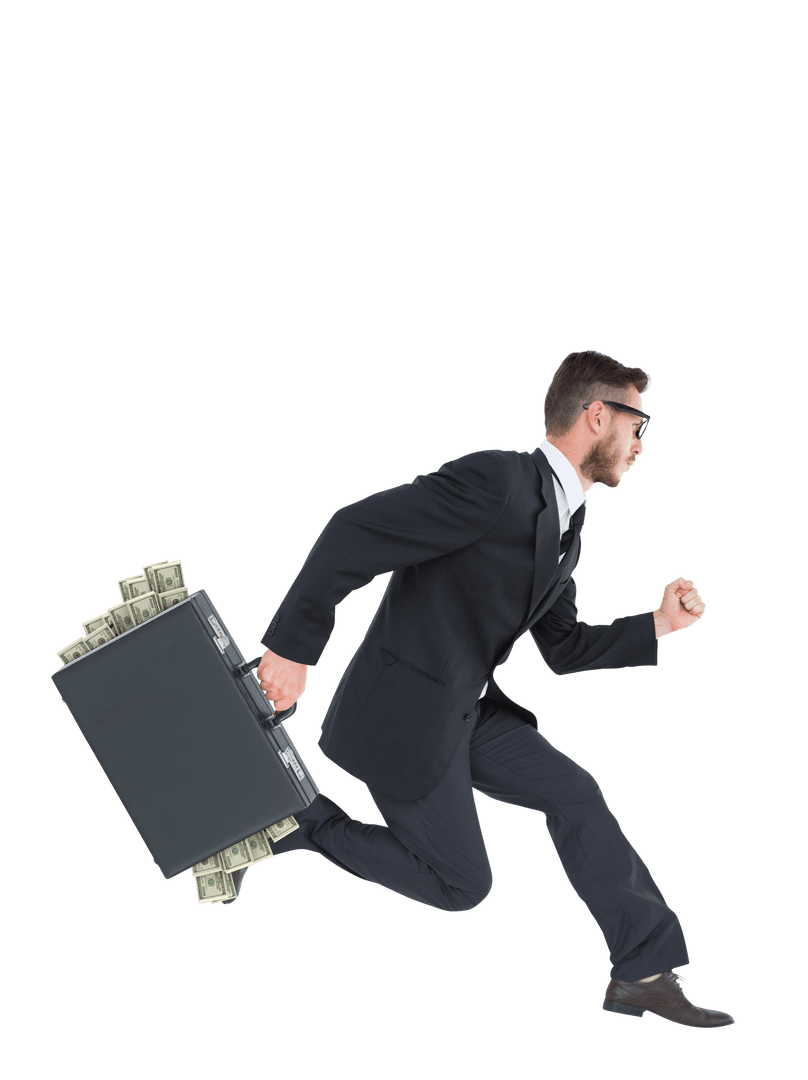 Businessman Running with Money-Filled Suitcase on Transparent Background