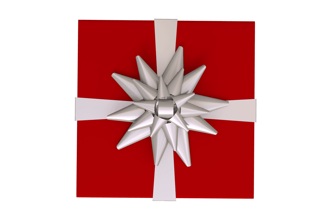 Square Transparent Gift Box with Silver Bow on Red