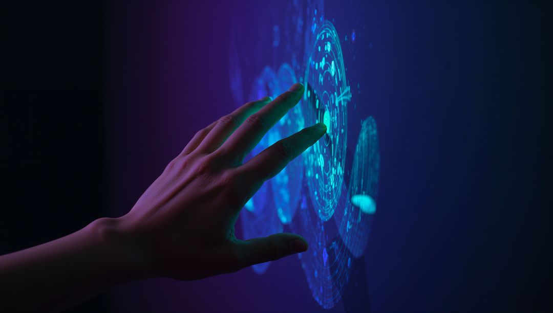 Hand Interacting with Holographic Circular Interface Neon Blue UI for Futuristic Technology