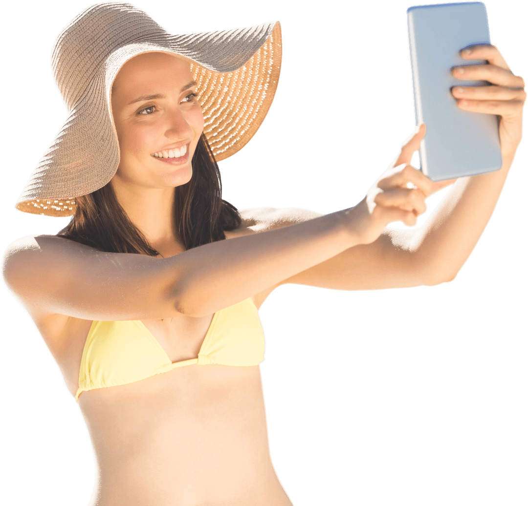 Smiling Woman Taking Summer Selfie with Tablet on Transparent Background