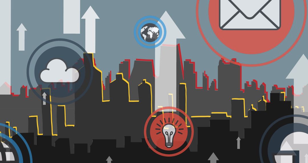 Technology Icons Over City Skyline Representing Growth and Connectivity