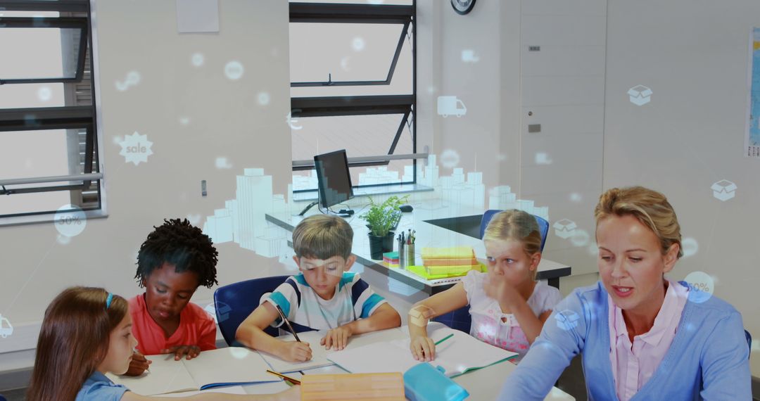 Teacher and Diverse Children in Classroom Engaged in Learning