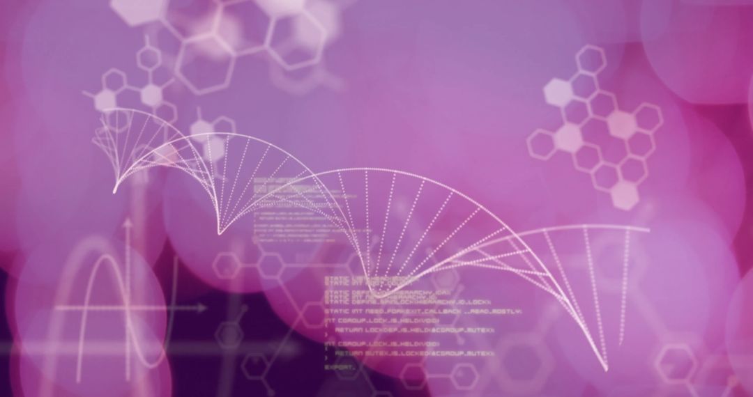 DNA Strand with Hexagonal Patterns Over Purple Background