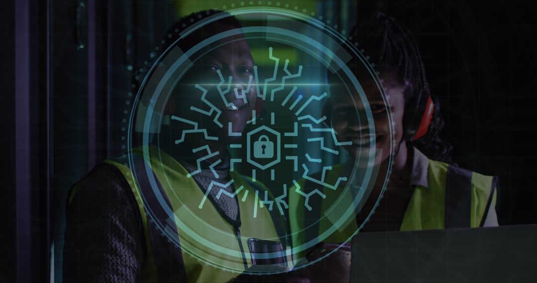 Cybersecurity Engineers in Data Center with Digital Padlock Overlay