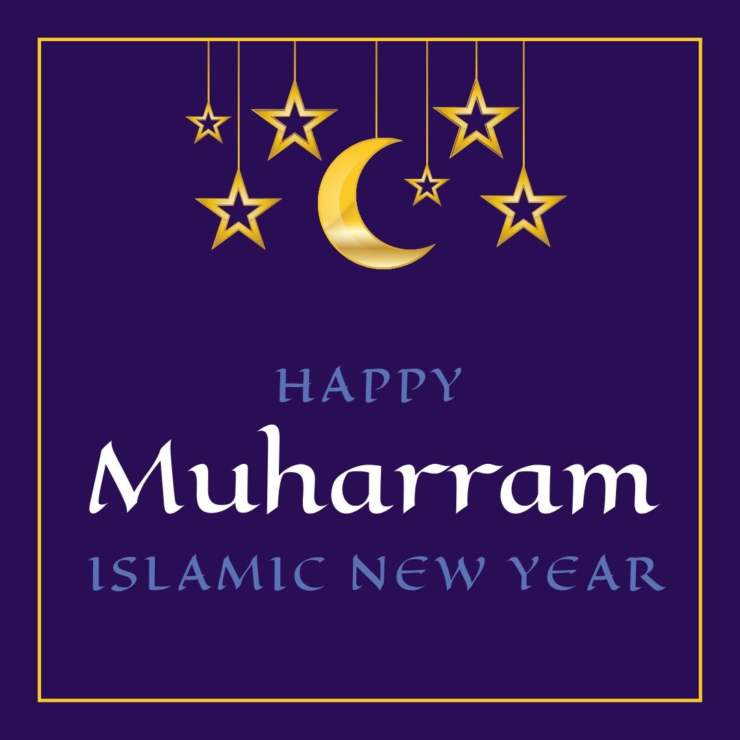 Vector image of happy muharram islamic new year text with moon and star shapes on blue background - Download Free Stock Templates Pikwizard.com
