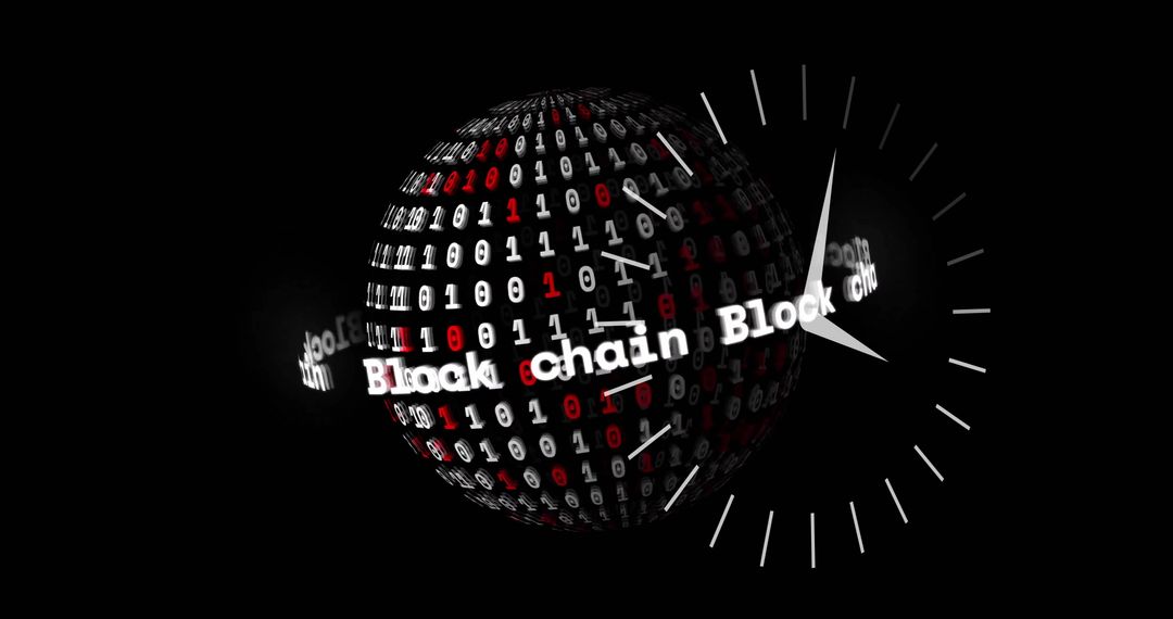 Digital clock over blockchain globe with binary code effect