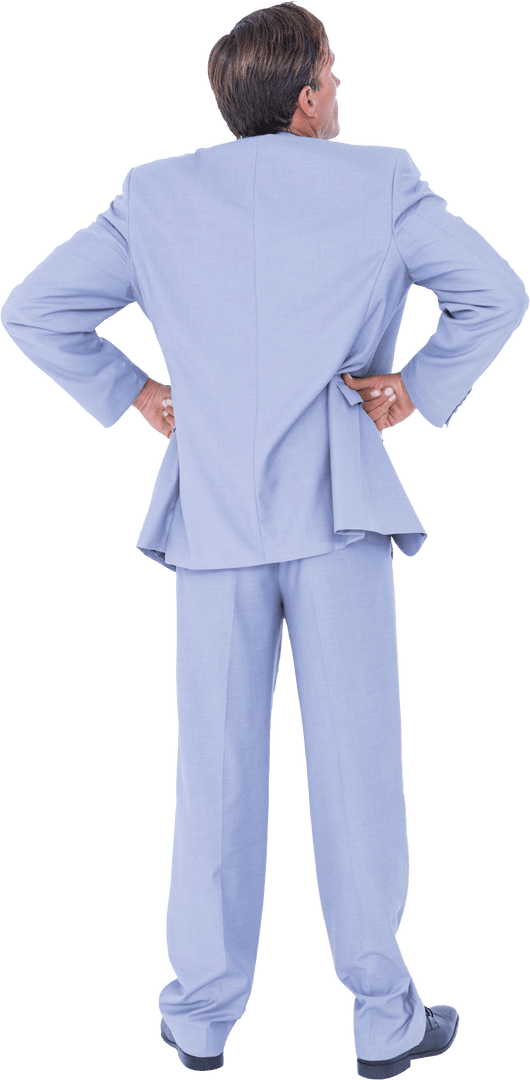 Transparent Man in Suit with Hands on Hips in Rear View