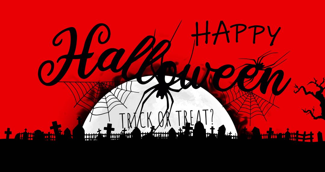 Spooky Happy Halloween Design with Spider and Graveyard Silhouette