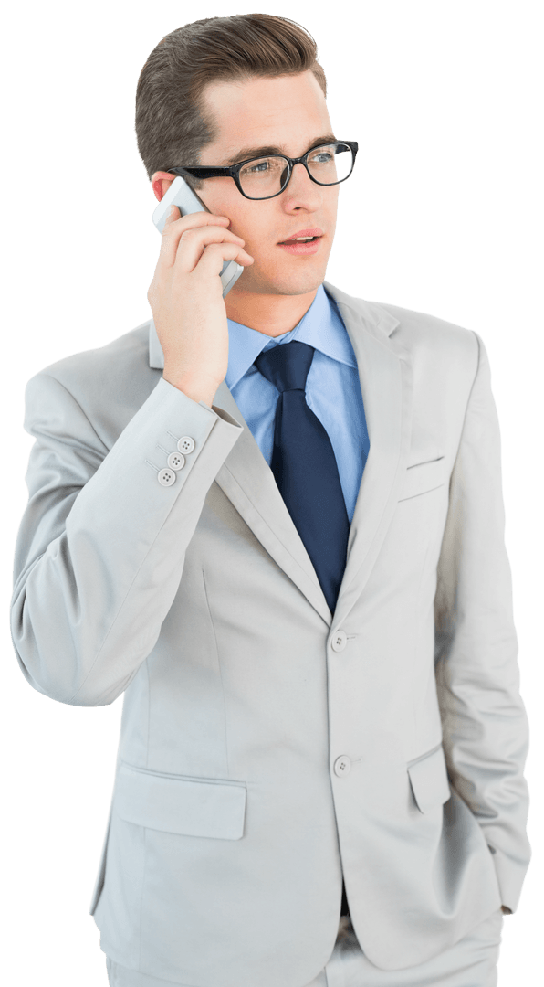 Business Professional in Suit Talking on Transparent Phone Sector