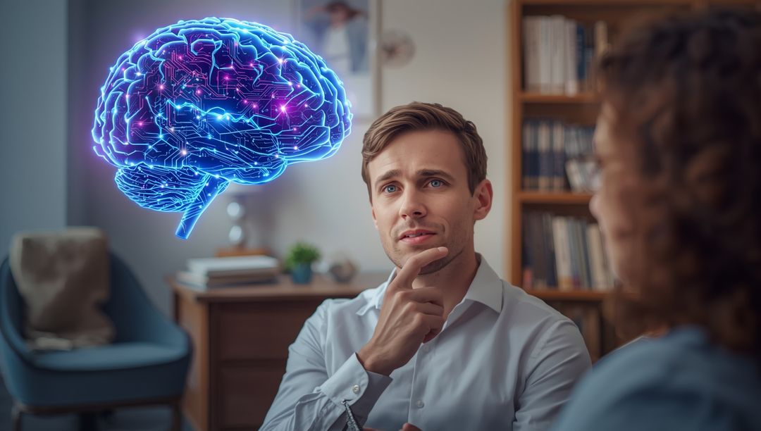 Man Analyzing Digital Brain Hologram in Therapy Office