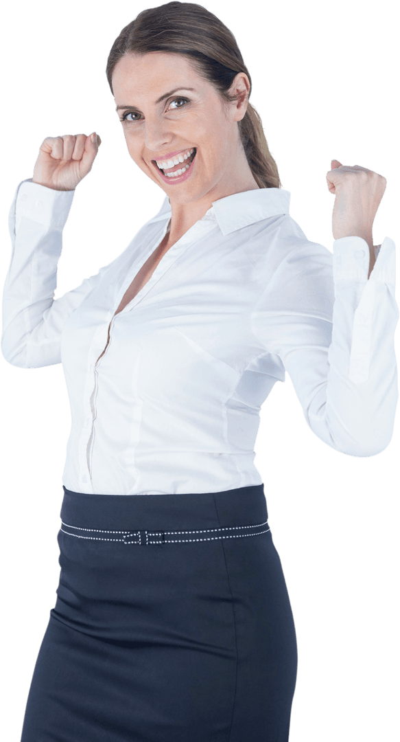 Confident Businesswoman Celebrating Success with Clenched Fists Transparent