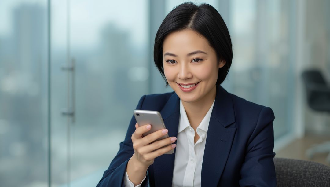 Smiling Businesswoman Using Smartphone at Modern Office