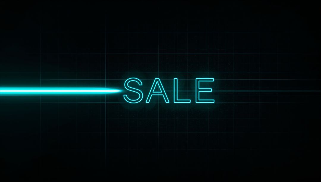 Glowing Cyan Neon SALE Text Meeting Leftward Laser Beam on Futuristic Grid Background
