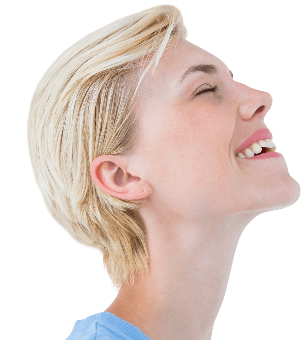 Transparent Happy Woman Looking Up and Smiling Profile View
