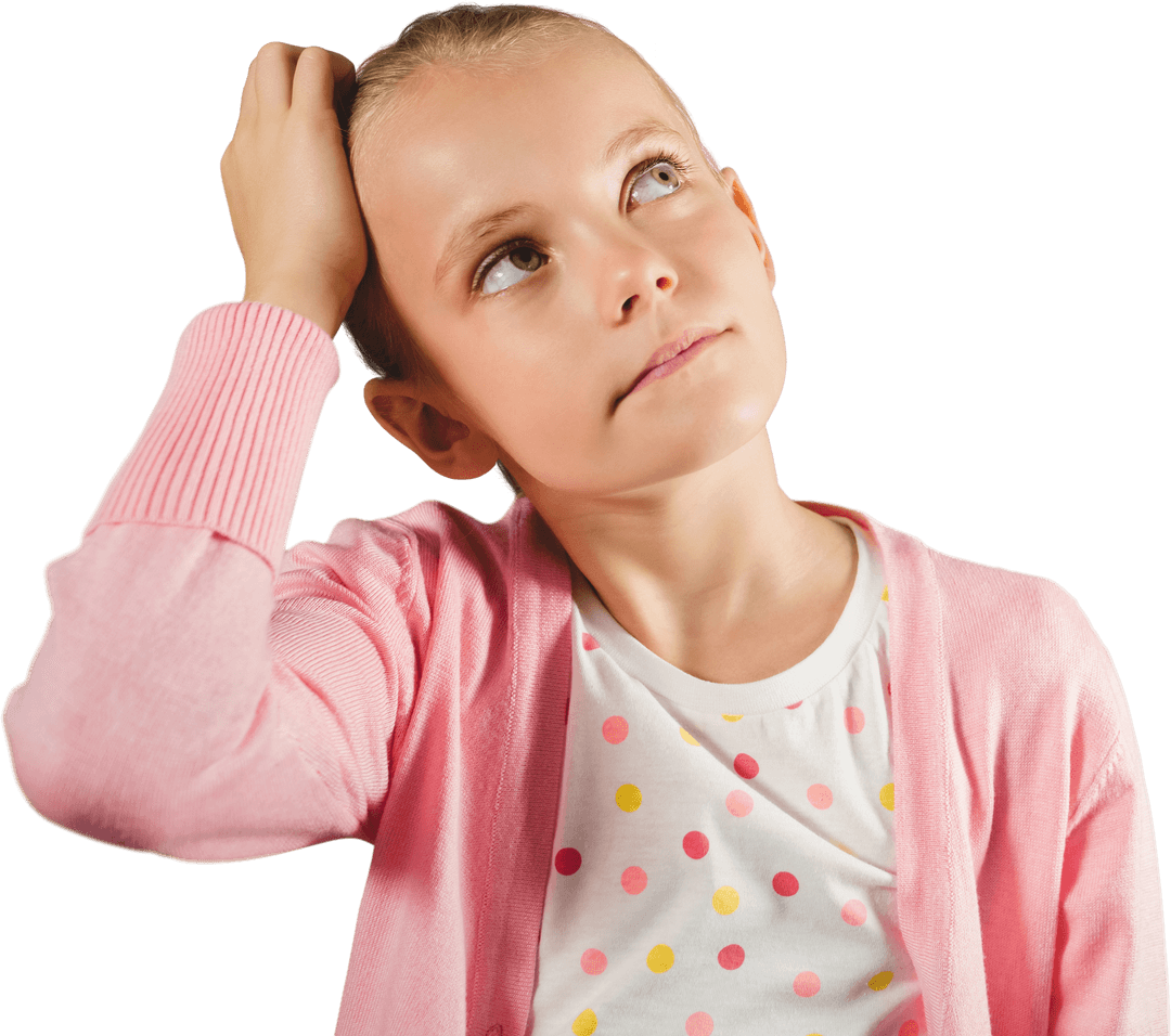 Transparent Thoughtful Girl Scratching Head in Pink Outfit