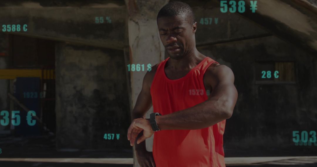 Athlete Wearing Smartwatch in Urban Futuristic Setting with Currency Symbols