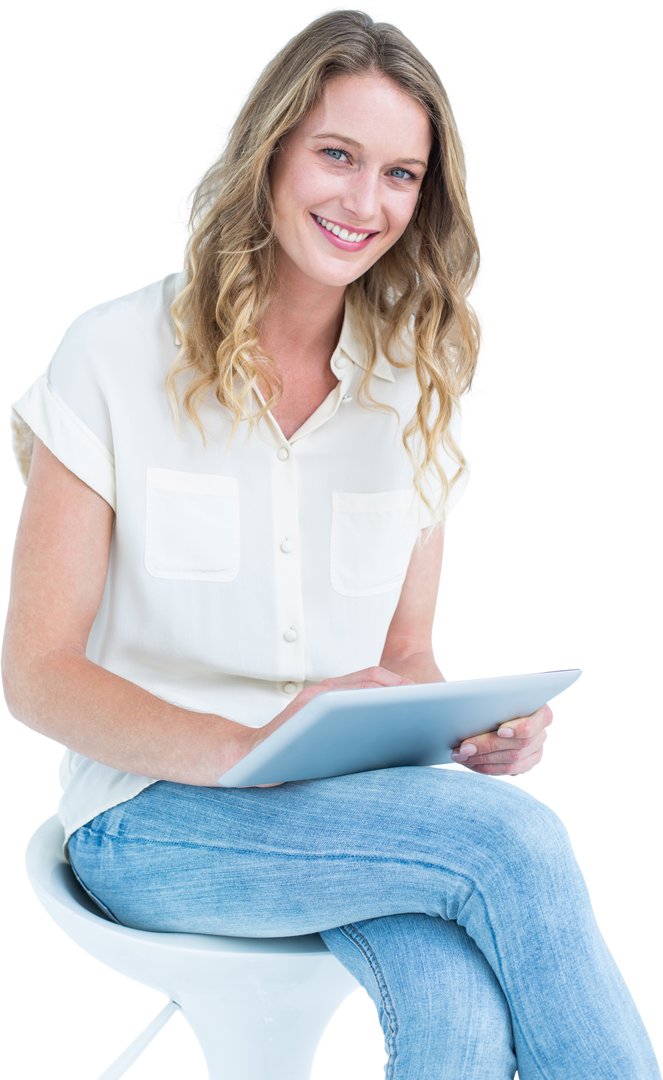 Transparent Woman Smiling and Using Tablet on Stool - Download Free Stock Images Pikwizard.com