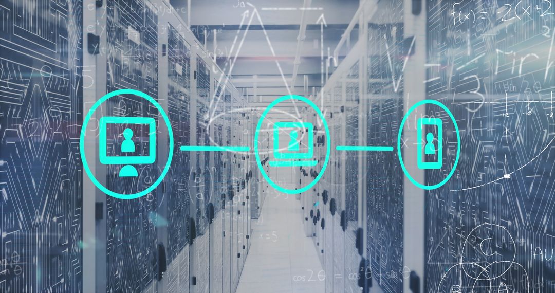 Digital Network Connections Overlaid on Data Center with Code Visuals