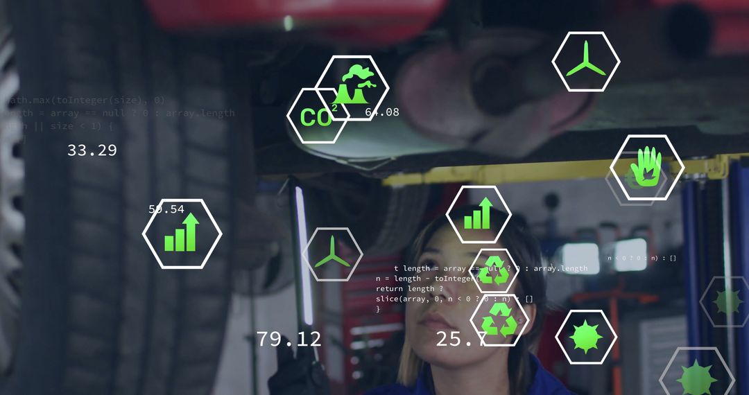Auto Mechanic Analyzing Car Undercarriage with Green UI Graphics
