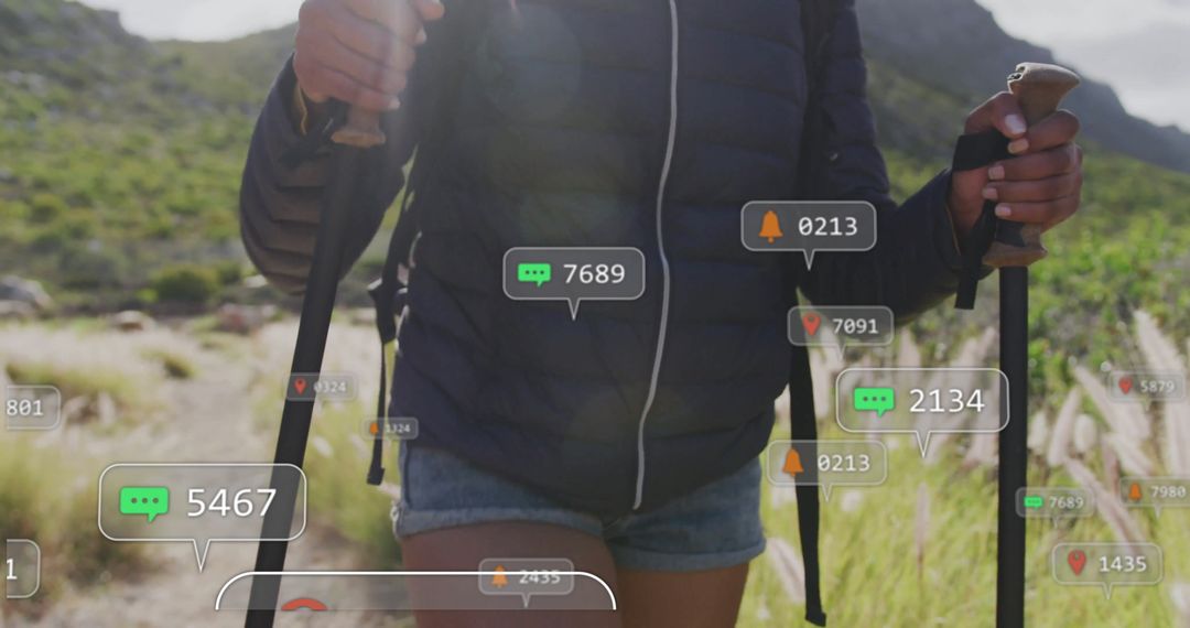 Female Hiker Exploring Rocky Trail with Social Media Interaction