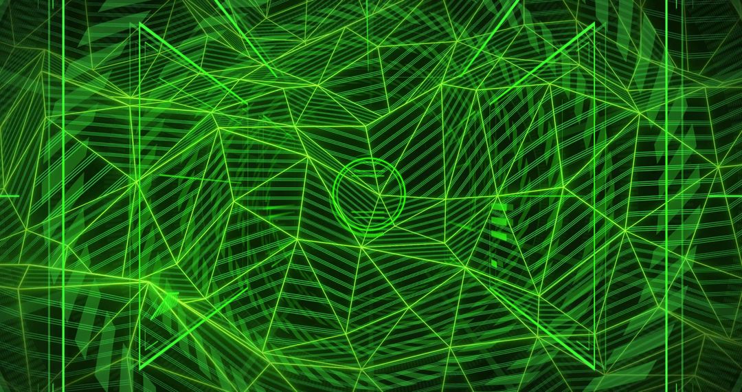 Neon Green Wireframe Network Featuring Central Ring and Futuristic Geometric Grid