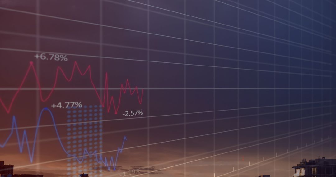 Digital Financial Data Overlaid on Urban Cityscape at Dusk