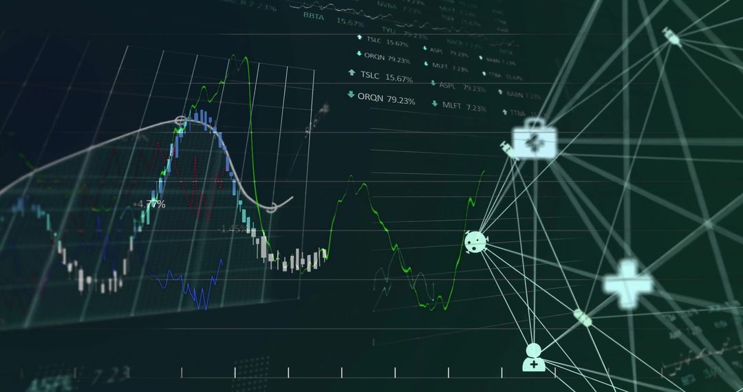 Network of Medical Icons and Technical Charts on Digital Interface