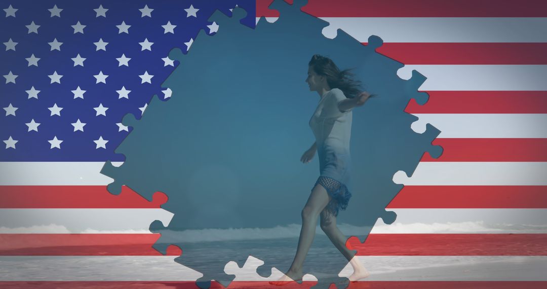 Young Woman on Beach with USA Flag Puzzle Overlay - Free Images, Stock Photos and Pictures on Pikwizard.com