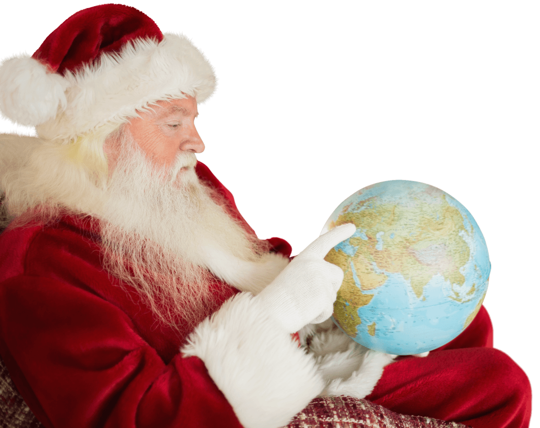 Santa Claus Examining Globe Transparent Background Celebrating Christmas