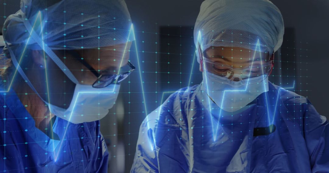 Doctors Performing Surgery with Holographic Heartbeat Display