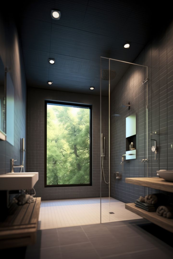 Modern Bathroom with Large Window Overlooking Forest - Free Images, Stock Photos and Pictures on Pikwizard.com