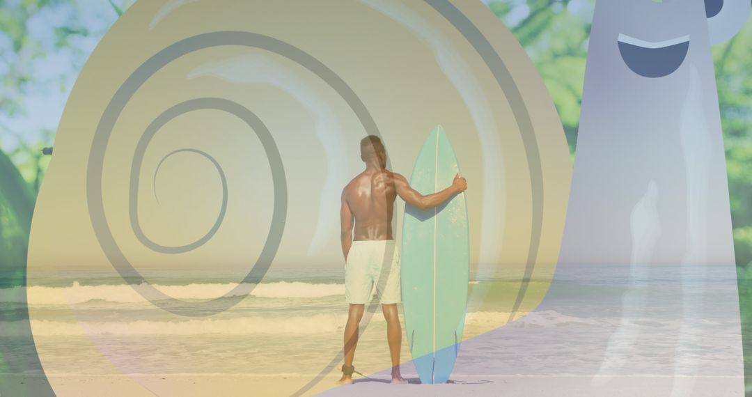 Man Holding Surfboard on Idyllic Beach Looking at Ocean