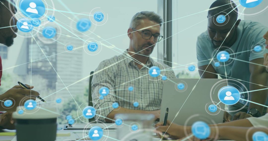 Multicultural Team Collaborating with Digital Network Overlay