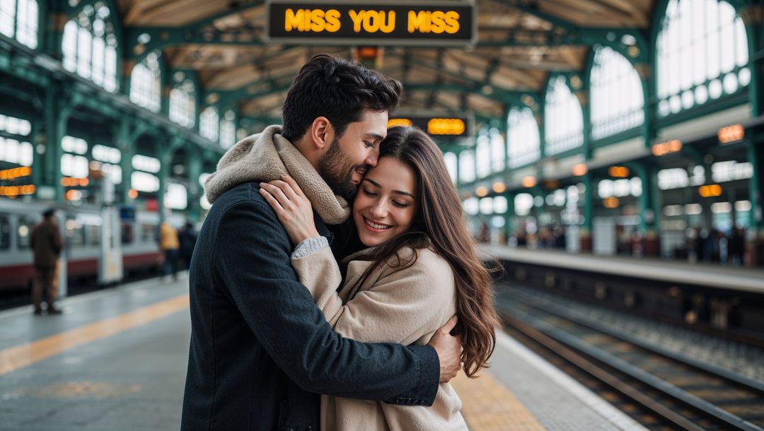 Romantic Embrace on Busy Urban Train Platform