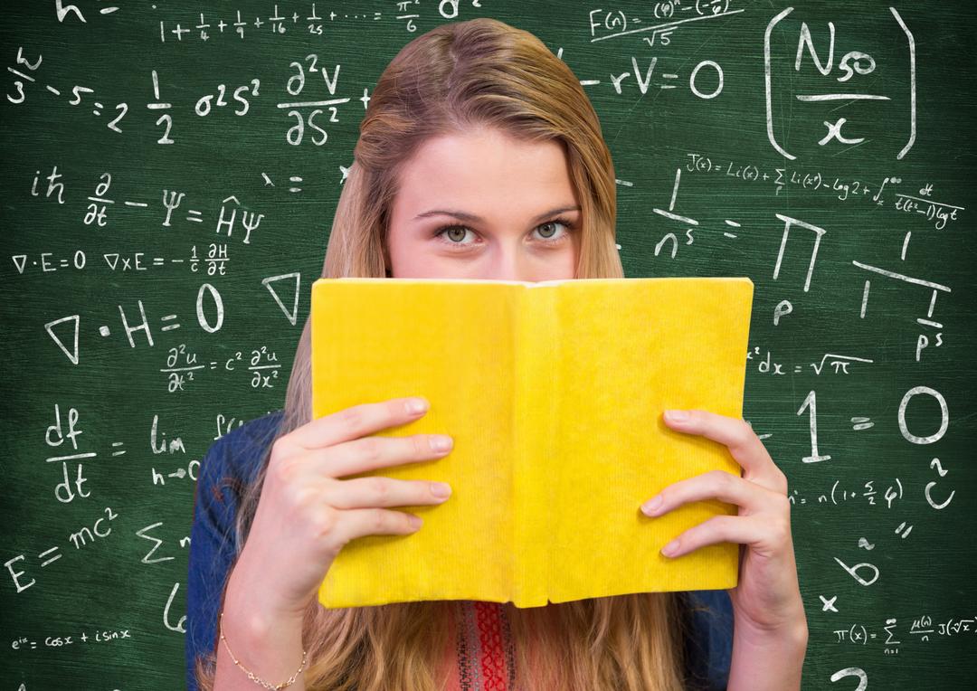 Woman Holding Book in Front of Chalkboard with Math Formulas - Free Images, Stock Photos and Pictures on Pikwizard.com