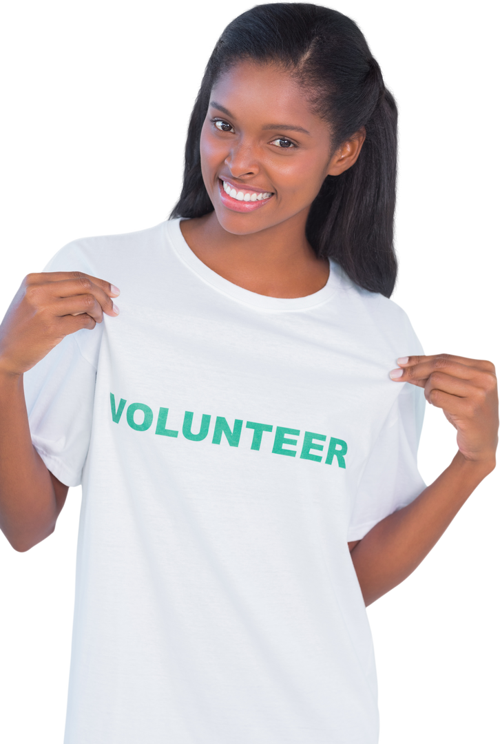 Happy Woman Wearing Transparent Volunteer T-Shirt - Download Free Stock Images Pikwizard.com