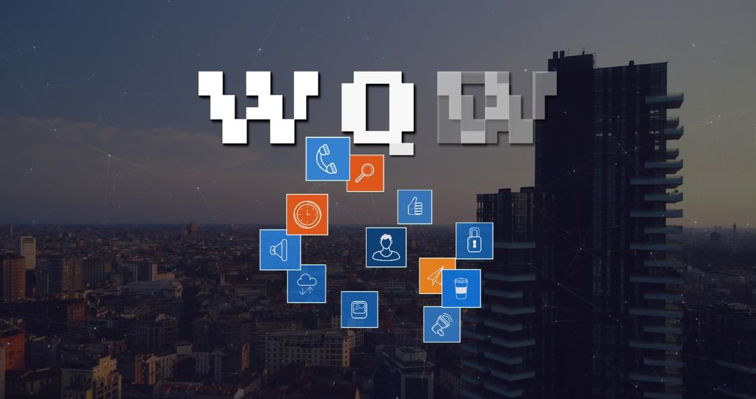 Digital Interface with Wow Text Over Cityscape