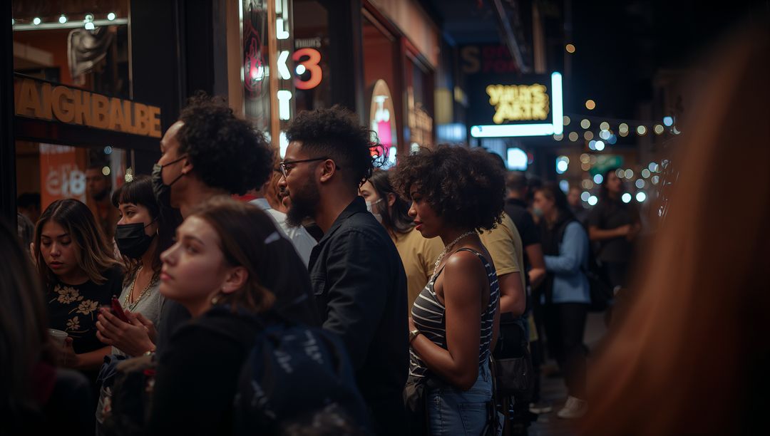 Nighttime Urban Crowd Queues Outside Busy Storefront