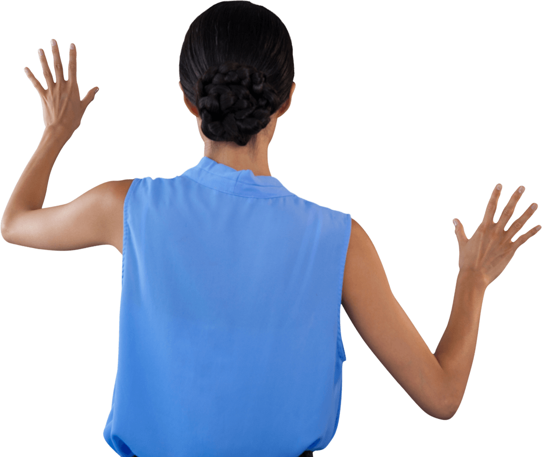 Transparent Back View Businesswoman Touching Virtual Interface