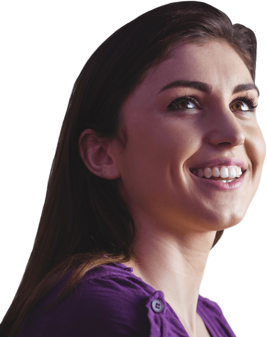 Close-Up Transparent Portrait of Smiling Woman Looking Upward