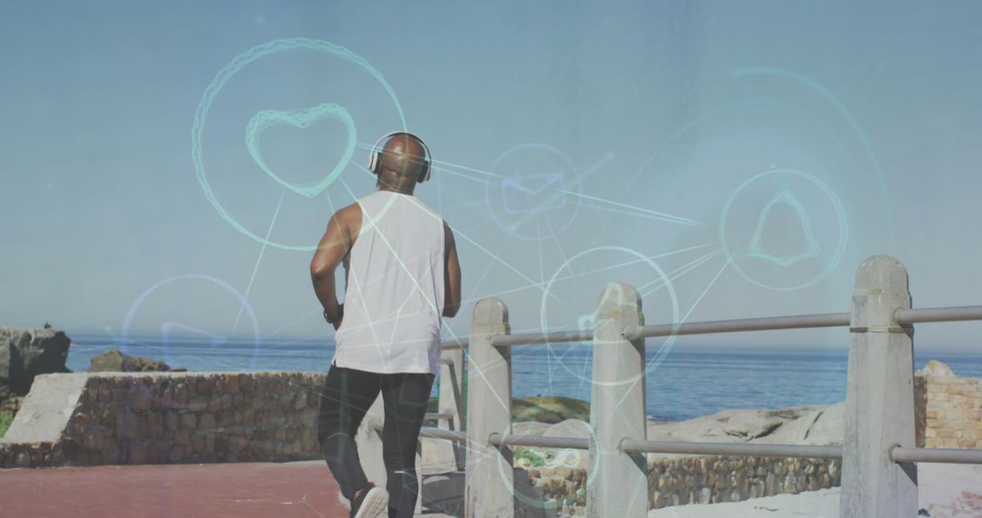 Man Jogging Outdoors with Digital Connections Overlay