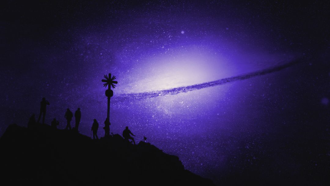 Silhouetted Figures Observing Galactic Skies in Vibrant Purple - Free Images, Stock Photos and Pictures on Pikwizard.com