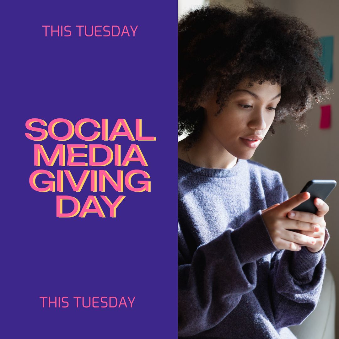 Social Media Giving Day This Tuesday with Young Biracial Woman on Smartphone - Download Free Stock Templates Pikwizard.com