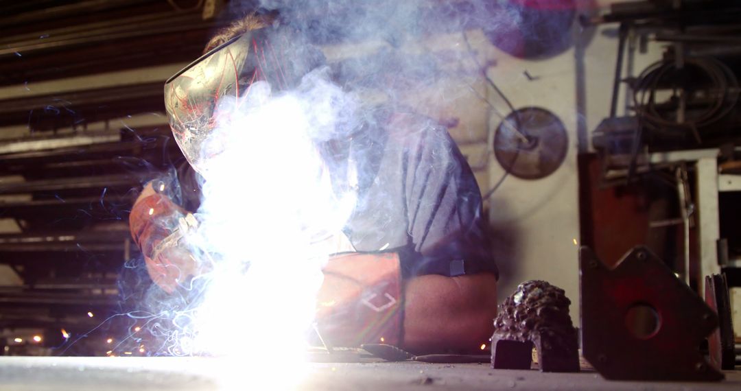 Industrial Welder Working with Sparks and Smoke in Workshop - Free Images, Stock Photos and Pictures on Pikwizard.com