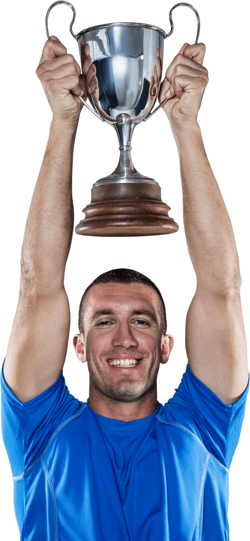 Victorious Rugby Player Holding Transparent Trophy Proudly