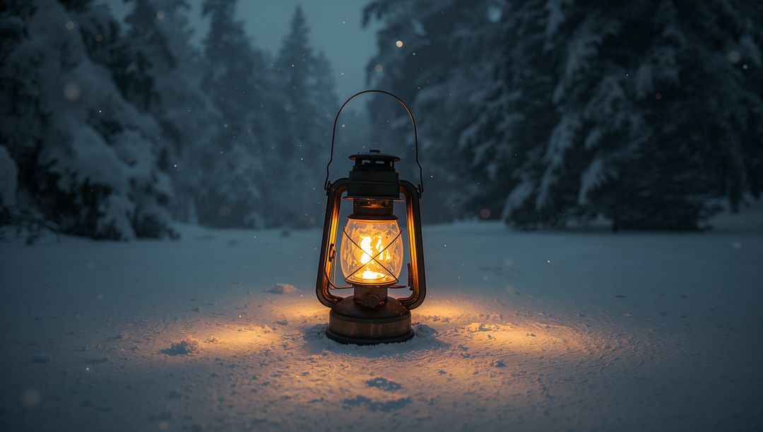 Vintage lantern glowing in snowy forest clearing at dusk with warm amber light