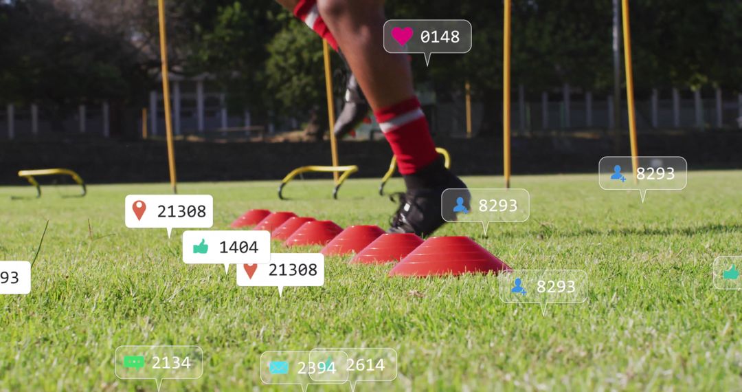 Soccer Player Practicing Agility on Field with Digital Metrics Overlay